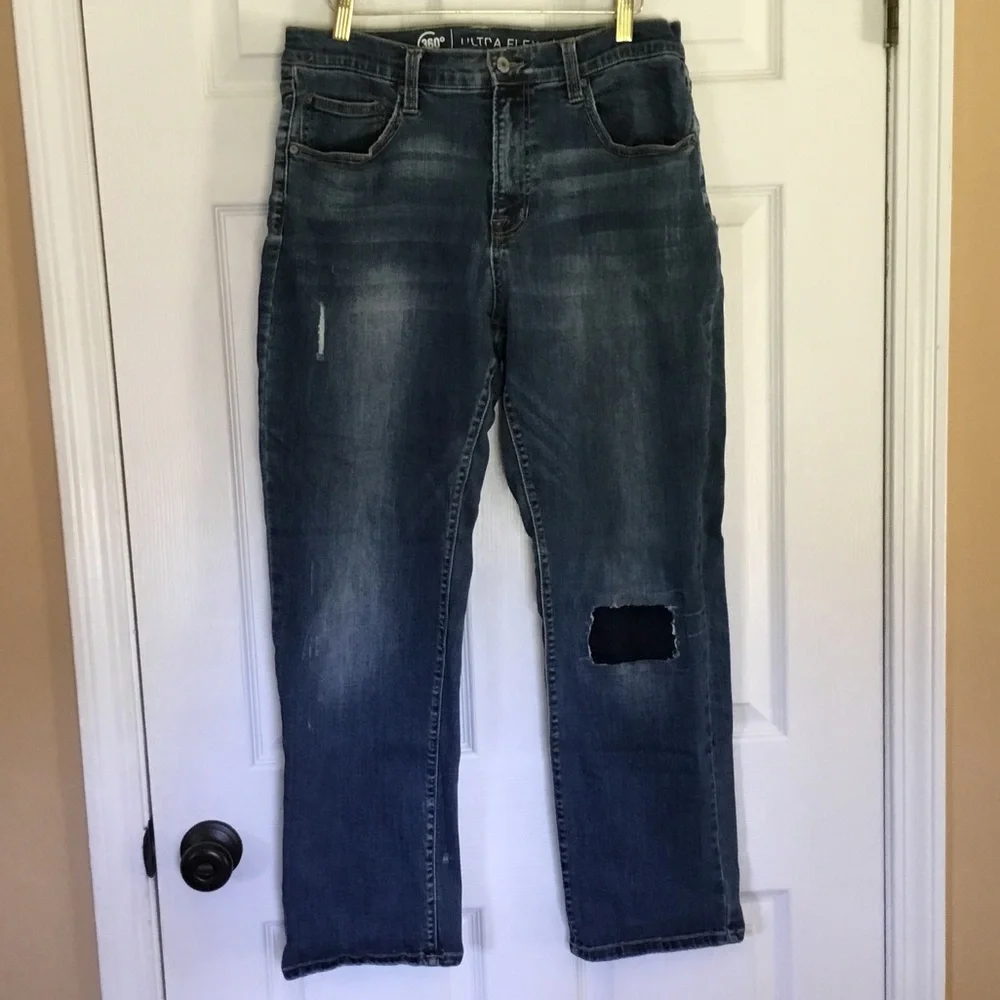 Y2K Arizona Jean 34 x30 Distressed Patched Medium Blue Straight‎ Jeans